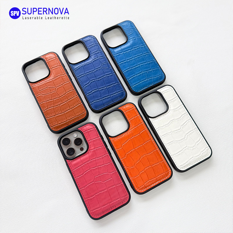 Funda para teléfono de cuero sintético con láser