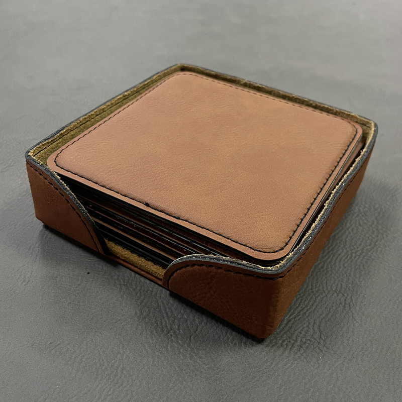 Posavasos de cuero sintético cuadrados de 4' x 4' Juego de 6 posavasos con soporte Posavasos de cuero sintético cuadrados de 4' x 4' Juego de 6 posavasos con soporte