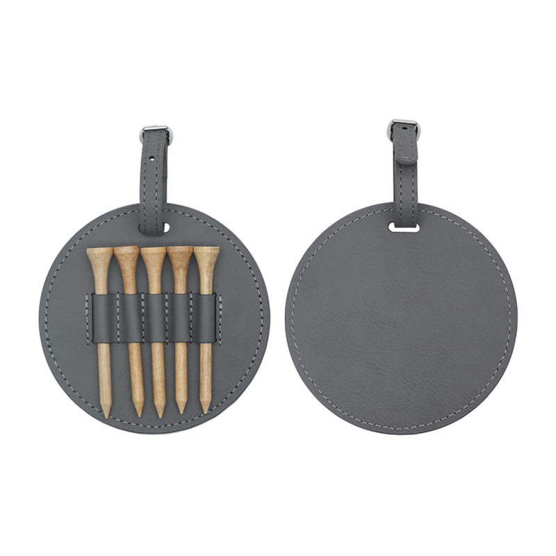 Etiqueta de bolsa de golf redonda de polipiel laserable con 5 camisetas de madera Etiqueta de bolsa de golf redonda de polipiel laserable con 5 camisetas de madera