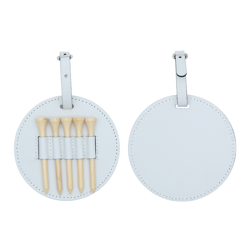 Etiqueta de bolsa de golf redonda de polipiel laserable con 5 camisetas de madera Etiqueta de bolsa de golf redonda de polipiel laserable con 5 camisetas de madera