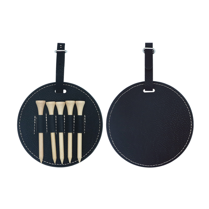 Etiqueta de bolsa de golf redonda de polipiel laserable con 5 camisetas de madera Etiqueta de bolsa de golf redonda de polipiel laserable con 5 camisetas de madera