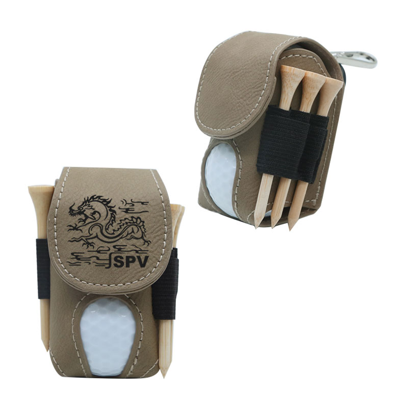 Soporte para pelota de golf de cuero sintético laserable con 5 camisetas de madera Soporte para pelota de golf de cuero sintético laserable con 5 camisetas de madera