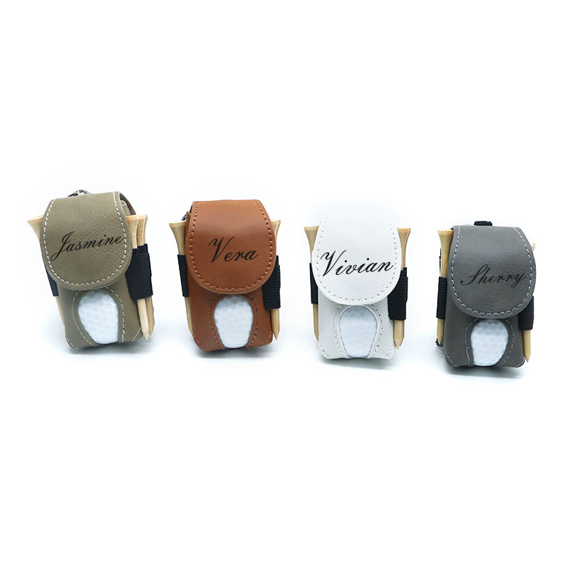 Soporte para pelota de golf de cuero sintético laserable con 5 camisetas de madera Soporte para pelota de golf de cuero sintético laserable con 5 camisetas de madera