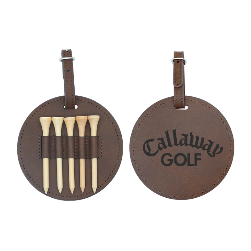 Etiqueta de bolsa de golf redonda de polipiel laserable con 5 camisetas de madera Etiqueta de bolsa de golf redonda de polipiel laserable con 5 camisetas de madera
