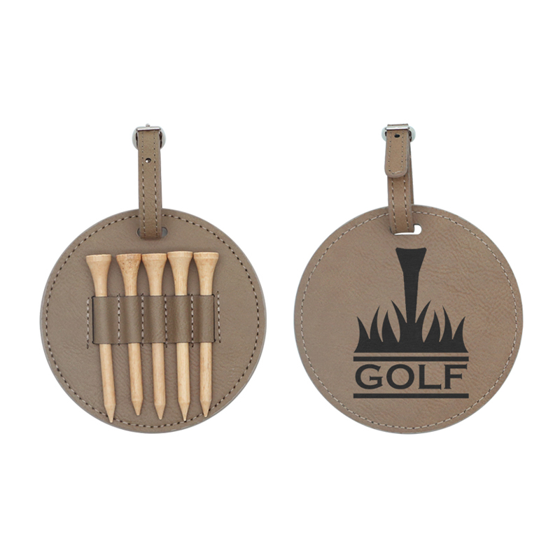 Etiqueta de bolsa de golf redonda de polipiel laserable con 5 camisetas de madera Etiqueta de bolsa de golf redonda de polipiel laserable con 5 camisetas de madera