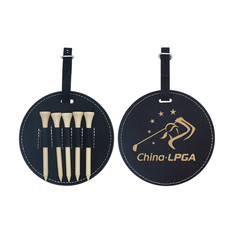 Etiqueta de bolsa de golf redonda de polipiel laserable con 5 camisetas de madera Etiqueta de bolsa de golf redonda de polipiel laserable con 5 camisetas de madera
