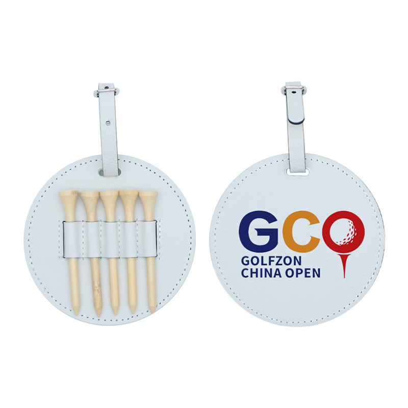 Etiqueta de bolsa de golf redonda de polipiel laserable con 5 camisetas de madera Etiqueta de bolsa de golf redonda de polipiel laserable con 5 camisetas de madera