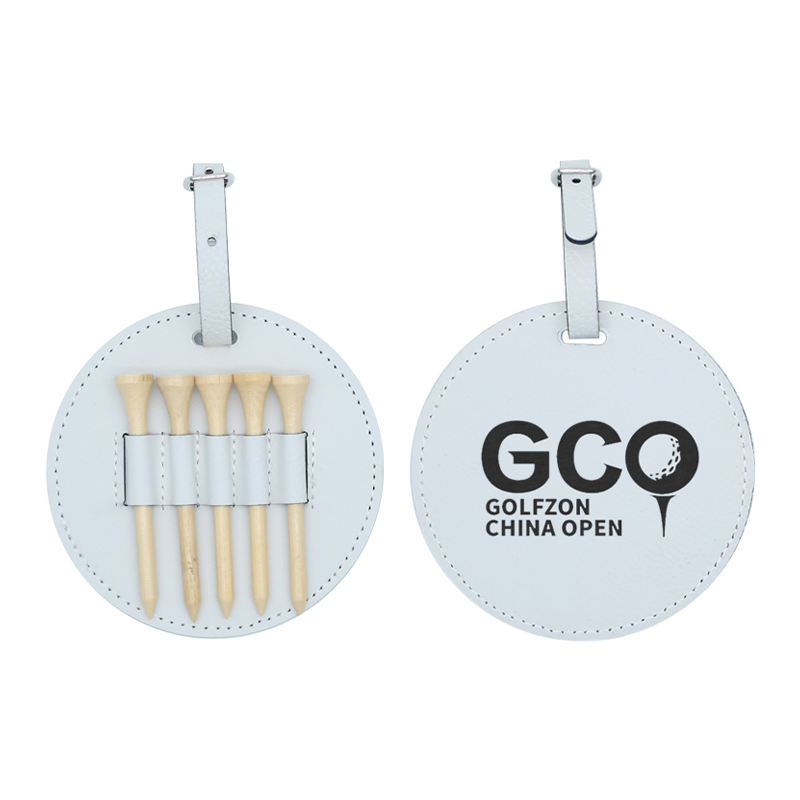 Etiqueta de bolsa de golf redonda de polipiel laserable con 5 camisetas de madera Etiqueta de bolsa de golf redonda de polipiel laserable con 5 camisetas de madera