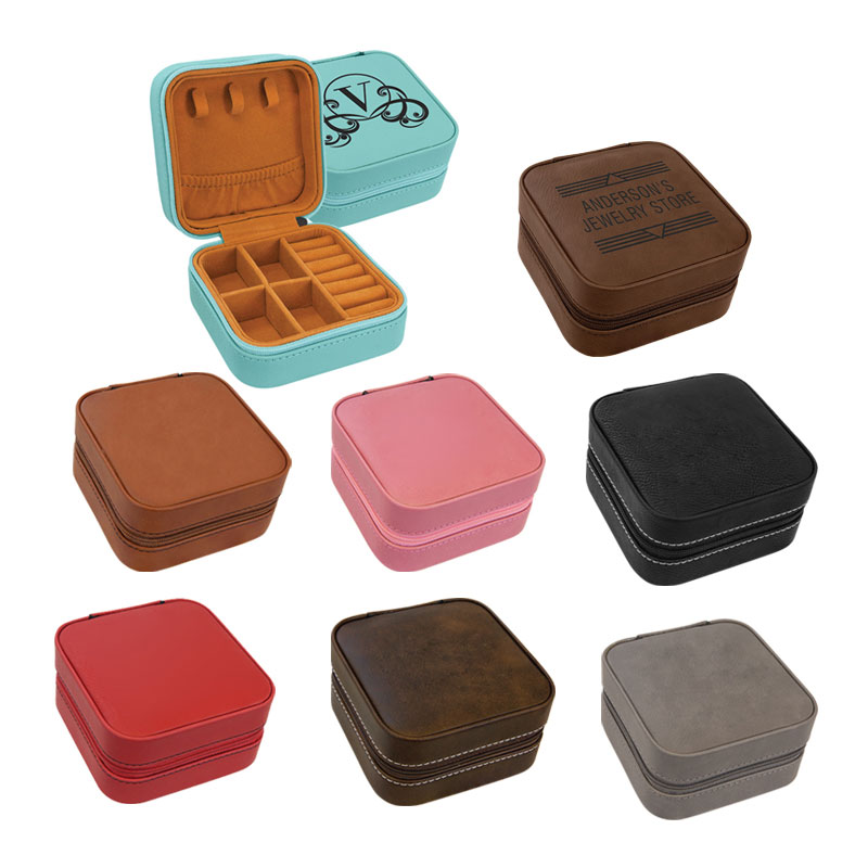 Caja de Joyería de Viaje de Cuero Sintético Láserizable 4×4 con Forro Beige