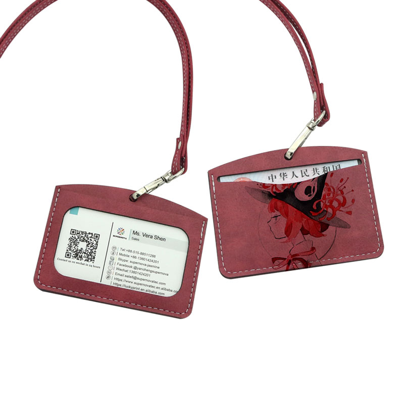 Porta credencial de identificación de cuero sintético por sublimación: capa de tarjeta doble horizontal Porta credencial de identificación de cuero sintético por sublimación: capa de tarjeta doble horizontal